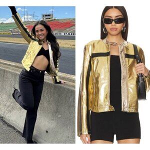 FREE PEOPLE Fast Lane Metallic Faux Leather Jacket in Metallic Gold Size Small